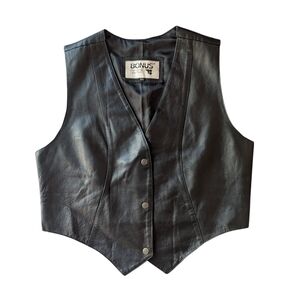 Vtg 90s BONUS Black Leather Mens Vest XL Western Biker Star Snaps